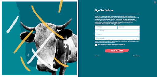 Cow graphic with sign up form from Four Paws' site