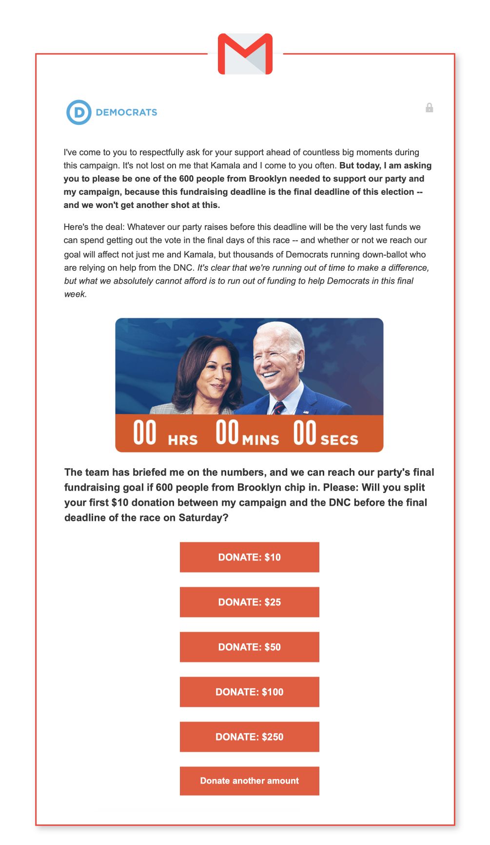 An email from the Democrats about asking for money for the Biden/Harris campaign.