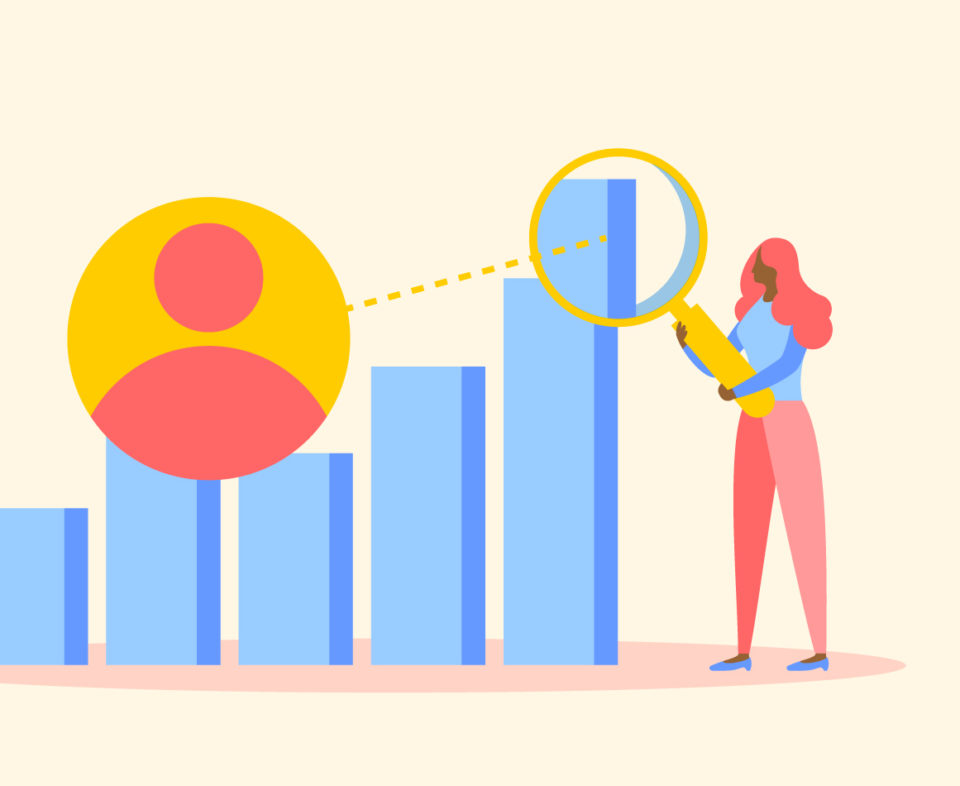 Illustration of a woman standing next to a bar chart